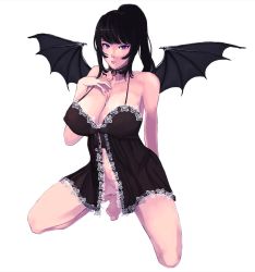 Rule 34 | 1girl, babydoll, barefoot, bat wings, black babydoll, black hair, bottomless, breasts, cleavage, demon girl, full body, highres, isogo youko, large breasts, long hair, no panties, open mouth, original, ponytail, purple eyes, saliva, simple background, solo, squatting, white background, wings