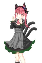 Rule 34 | 1girl, adapted costume, alternate costume, animal ears, aoringo orin, apron, blush, bow, bowtie, braid, breasts, cat ears, cat tail, claw pose, cleavage, enmaided, extra ears, fang, feet out of frame, gao, grey apron, hands up, highres, juliet sleeves, kaenbyou rin, long hair, long sleeves, looking at viewer, maid, maid headdress, multiple tails, nekomata, open mouth, petticoat, puffy sleeves, red bow, red bowtie, red eyes, red hair, simple background, skin fang, small breasts, solo, standing, tail, touhou, tsurime, twin braids, twintails, two tails, white background