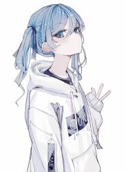 Rule 34 | 1girl, absurdres, blue eyes, blue hair, closed mouth, clothes writing, drawstring, english text, expressionless, hand up, highres, hololive, hood, hoodie, hoshimachi suisei, karyln, looking at viewer, medium hair, simple background, sketch, sleeves past wrists, solo, two side up, upper body, v, virtual youtuber, white background, white hoodie, zipper pull tab