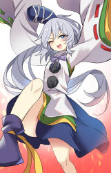Rule 34 | 1girl, ass, blue eyes, blue hat, blue skirt, blush, commentary request, e.o., foot out of frame, grey hair, hair between eyes, hat, highres, japanese clothes, kariginu, long hair, mononobe no futo, one eye closed, open mouth, pom pom (clothes), ponytail, purple footwear, ribbon-trimmed sleeves, ribbon trim, skirt, sleeves past fingers, sleeves past wrists, smile, solo, tate eboshi, touhou, wide sleeves