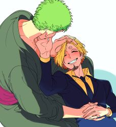Rule 34 | 2boys, black necktie, blonde hair, blush, closed eyes, couple, curly hair, facial hair, formal, goatee, green hair, grin, hand in another&#039;s hair, highres, holding hands, interlocked fingers, japanese clothes, lap pillow, male focus, multiple boys, necktie, one piece, roronoa zoro, sanji (one piece), shirt, short hair, simple background, smile, suit, tm one, white background, yaoi, yellow shirt