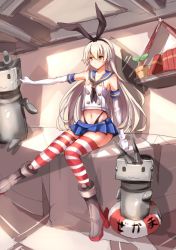 Rule 34 | 10s, 1girl, bad id, bad pixiv id, black panties, blonde hair, blush, boots, elbow gloves, flat color, gloves, grey footwear, hairband, highleg, highleg panties, kantai collection, lifebuoy, long hair, microskirt, panties, red thighhighs, rensouhou-chan, sailor collar, sela (08180074), shimakaze (kancolle), skirt, solo focus, striped clothes, striped thighhighs, swim ring, thighhighs, underwear, white gloves