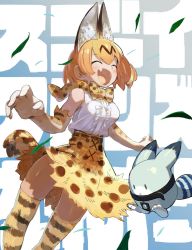 Rule 34 | 10s, 1girl, :d, ^ ^, animal ears, bare shoulders, belt, blush, bow, bowtie, cat ears, cat tail, closed eyes, cross-laced clothes, elbow gloves, closed eyes, facing away, fang, frilled shirt, frills, gloves, happy, jumping, kemono friends, leaf, looking down, lucky beast (kemono friends), open mouth, seimannu, serval (kemono friends), serval print, serval tail, shirt, skirt, sleeveless, sleeveless shirt, smile, striped tail, tail, thigh gap, thighhighs, white shirt, wind, zettai ryouiki, |d