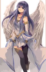 Rule 34 | 1girl, ancient ys vanished, angel wings, bad id, bad pixiv id, black thighhighs, blue eyes, blue hair, detached sleeves, falcom, full body, highres, jewelry, lanlanlu (809930257), long hair, matching hair/eyes, necklace, reah (ys), skirt, solo, thighhighs, white background, white skirt, white wings, wings, ys, ys origin