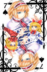 Rule 34 | 1girl, alice margatroid, blonde hair, blue eyes, bow, capelet, card, card (medium), dress, hair bow, hairband, highres, hourai doll, jewelry, playing card, puppet rings, ribbon, ring, rotational symmetry, shanghai doll, simple background, spade, touhou, yoiti