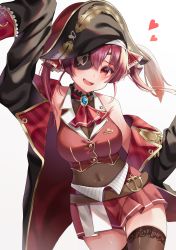 Rule 34 | 1girl, belt, black hat, black jacket, blush, bodystocking, breasts, brown belt, brown thighhighs, cleavage, cropped jacket, eyepatch, hair ribbon, hat, heart, highres, hololive, houshou marine, jacket, long hair, long sleeves, medium breasts, nichino, off shoulder, open clothes, open jacket, open mouth, pirate hat, pleated skirt, red eyes, red hair, red jacket, red ribbon, red skirt, ribbon, see-through, see-through cleavage, skirt, sleeveless, sleeveless jacket, sleeves past fingers, sleeves past wrists, smile, solo, thighhighs, twintails, virtual youtuber