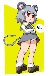 Rule 34 | 1girl, animal ear fluff, animal ears, blush, brown footwear, capelet, commentary request, cookie (touhou), crossed arms, crystal, dress, english text, flat chest, from below, full body, grey dress, grey hair, highres, itini-sanshi, jewelry, kofji (cookie), loafers, long sleeves, looking afar, medium bangs, mouse ears, mouse girl, mouse tail, nazrin, open mouth, panties, pendant, red eyes, shirt, shoes, short dress, short hair, simple background, sleeveless, sleeveless dress, socks, solo, standing, tail, touhou, triangle mouth, two-tone background, underwear, white background, white capelet, white panties, white shirt, white socks, yellow background
