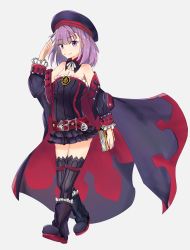 Rule 34 | 1girl, bare shoulders, belt, black footwear, black hat, black thighhighs, book, breasts, cleavage, detached collar, dress, fate/grand order, fate (series), flat chest, full body, grey background, hat, helena blavatsky (fate), helena blavatsky (third ascension) (fate), highres, hitakami, holding, holding book, looking at viewer, purple eyes, purple hair, salute, sefirot, short hair, simple background, smile, solo, standing, strapless, strapless dress, thighhighs
