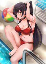 Rule 34 | 1girl, amagasa ikuta, armpits, arms behind head, arms up, bare shoulders, barefoot, bikini, black hair, blush, breasts, choker, cleavage, closed mouth, collarbone, earrings, feet, hair between eyes, high ponytail, highres, idolmaster, idolmaster shiny colors, jewelry, knee up, large breasts, long hair, looking at viewer, mouth hold, navel, necklace, ponytail, pool, poolside, red bikini, shirase sakuya, sitting, solo, swimsuit, thighs, tying hair, water, yellow eyes