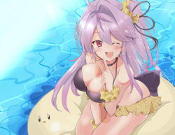 Rule 34 | 1girl, alternate costume, azur lane, bikini, blush, breasts, cleavage, collarbone, commentary request, floating, floating object, grenville (azur lane), hair between eyes, hair ornament, highres, large breasts, long hair, looking at viewer, manjuu (azur lane), multicolored hair, one side up, open mouth, purple hair, red eyes, smile, swimsuit, tonchinkan
