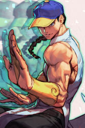 Rule 34 | 1boy, afterimage, baseball cap, black hair, black pants, braid, bridal gauntlets, chinese clothes, fighting stance, grey eyes, hat, hungry clicker, muscular, muscular male, pants, parted lips, shirt, single braid, sleeveless, solo, street fighter, street fighter iii (series), white shirt, yun lee