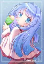 Rule 34 | 1girl, blue background, blue eyes, blue hair, blunt ends, blush, capelet, commentary request, commission, cup, drinking straw, drinking straw in mouth, eyelashes, from behind, glass, hair between eyes, hair intakes, hair over shoulder, head tilt, highres, holding, holding cup, kanon, long hair, long sleeves, looking at viewer, looking back, minase nayuki, red shirt, school uniform, shirt, simple background, skeb commission, snowflakes, snowing, solo, straight hair, upper body, utuigawa, white capelet