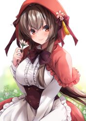 Rule 34 | 1girl, absurdres, breasts, brown eyes, brown hair, capelet, cherry blossoms, cosplay, flower, highres, holding, holding flower, hood, hood up, hooded capelet, kantai collection, large breasts, little red riding hood, little red riding hood (grimm), little red riding hood (grimm) (cosplay), long hair, long sleeves, looking at viewer, mashiro yukiya, red capelet, shirt, sidelocks, smile, solo, underbust, very long hair, white flower, white shirt, yamato (kancolle)
