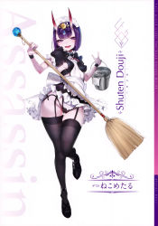 Rule 34 | 1girl, absurdres, apron, black legwear, black panties, blush, breasts, broom, bucket, bucket of water, character name, clothes lift, detached sleeves, fangs, fate/grand order, fate (series), fingernails, full body, garter straps, hair ornament, highres, holding, horns, jewelry, leg up, looking at viewer, maid, maid headdress, medium breasts, miniskirt, nekometaru, oni, open mouth, pale skin, panties, puffy short sleeves, puffy sleeves, purple eyes, purple hair, scan, shiny clothes, shiny skin, shoes, short hair, short sleeves, shuten douji (fate), simple background, skin-covered horns, skirt, skirt lift, smile, solo, standing, thighs, underwear, waist apron, water, wide hips
