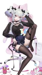 Rule 34 | 1girl, bad id, bad twitter id, black bow, black choker, black ribbon, black thighhighs, blue skirt, bow, breasts, chair, choker, collarbone, commentary request, copyright request, gradient hair, grey eyes, hair bow, hair ornament, hairclip, heart, highres, knee up, long hair, long sleeves, looking at viewer, medium breasts, multicolored hair, no shoes, ohisashiburi, ribbon, silver hair, sitting, skirt, smile, solo, stitches, thighhighs, two-tone ribbon, white background, x hair ornament, yami kawaii