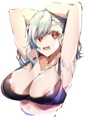 Rule 34 | 1girl, :d, absurdres, armpits, arms up, bad id, bad twitter id, black bra, bra, breasts, character request, e sky rugo, girls&#039; frontline, grey hair, highres, large breasts, looking at viewer, medium hair, open mouth, red eyes, simple background, smile, solo, underwear, upper body, white background