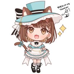 Rule 34 | 1girl, :d, animal ear fluff, animal ears, apron, black bow, black footwear, blue dress, blue hat, blue sleeves, bow, braid, braided bangs, brown eyes, brown hair, cat ears, cat girl, cat tail, chibi, commentary request, copyright request, detached sleeves, dress, earrings, eyebrows hidden by hair, fang, frilled apron, frilled dress, frills, full body, hair ornament, hairclip, hat, hat bow, highres, jewelry, key, kneehighs, kurono kito, looking at viewer, open mouth, puffy short sleeves, puffy sleeves, revision, shoes, short sleeves, simple background, sleeveless, sleeveless dress, smile, socks, solo, sparkle, standing, striped, striped bow, tail, thank you, virtual youtuber, waist apron, white apron, white background, white socks