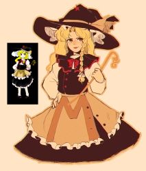 Rule 34 | 1girl, apron, bad id, bad pixiv id, black neckwear, black skirt, black vest, blonde hair, bow, braid, brown apron, cowboy shot, freckles, frilled apron, frills, green eyes, hand on own hip, hat, hat bow, highres, holding, holding wand, kirisame marisa, linmiee, long hair, mary janes, red bow, reference work, shirt, shoes, side braid, single braid, skirt, smile, socks, touhou, undefined fantastic object, vest, waist apron, wand, white bow, white legwear, white shirt, witch hat