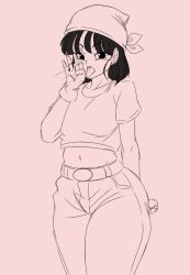 Rule 34 | 1girl, bandana, breasts, curvy, darwaarts, denim, dragon ball, dragon ball gt, fellatio gesture, gloves, highres, jeans, medium breasts, medium hair, midriff, monochrome, motion lines, naughty face, navel, open mouth, oral, pan (dragon ball), pants, pink background, short sleeves, solo, stomach