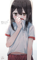 Rule 34 | 1girl, arrow (symbol), black hair, brown eyes, commentary request, covered mouth, gradient background, grey background, gym shirt, gym shorts, gym uniform, hair between eyes, hand up, highres, long hair, looking at viewer, midriff peek, navel, nishi yasuaki, original, panties, shirt, short sleeves, shorts, solo, sweat, translation request, underwear, white background, white panties