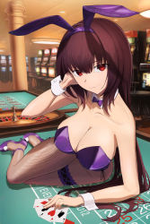Rule 34 | 1girl, ace (playing card), ace of spades, artist request, bad id, bad pixiv id, breasts, card, cleavage, detached collar, fate/grand order, fate (series), highres, large breasts, leotard, looking at viewer, lying, on side, playboy bunny, playing card, red eyes, scathach (fate), spade (shape)