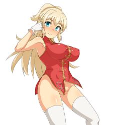 Rule 34 | 1girl, blonde hair, blue eyes, blush, bottomless, breasts, covered erect nipples, large breasts, no panties, regalia the three sacred stars, simple background, solo, thighhighs, white background, yuinshiel asteria