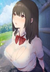 Rule 34 | 1girl, arms behind back, blue bra, bra, bra visible through clothes, breasts, brown eyes, cloud, collared shirt, commentary request, day, grass, highres, karinto yamada, large breasts, long hair, looking up, open mouth, original, pleated skirt, rain, red neckwear, road, school uniform, see-through, shirt, short sleeves, skirt, sky, solo, underwear, uniform, water drop, wet, wet clothes, white shirt
