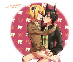 Rule 34 | 147, 2girls, animal ears, arms around neck, black hair, blonde hair, blue eyes, dog ears, dog tail, dominica s. gentile, head wings, jane t. godfrey, military, military uniform, multiple girls, necktie, no pants, ribbon, sitting, sitting on lap, sitting on person, strike witches, tail, uniform, wings, world witches series, yuri