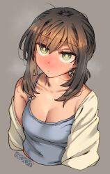 Rule 34 | 1girl, artist logo, artist name, black hair, blue camisole, blush, breasts, breath, brown hair, camisole, cleavage, closed mouth, commentary, cropped torso, ergot, fubuki (kancolle), green eyes, grey background, hair between eyes, highres, kantai collection, looking at viewer, low ponytail, medium breasts, off shoulder, ponytail, short hair, short ponytail, signature, simple background, solo, upper body
