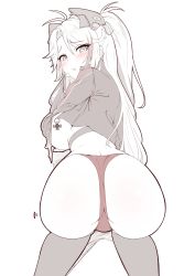 Rule 34 | 1girl, absurdres, all fours, ass, azur lane, blush, breasts, commentary request, cropped jacket, female focus, from behind, hair between eyes, headgear, highres, jacket, large breasts, long hair, looking at viewer, looking back, moyoron, no pants, official alternate costume, parted bangs, parted lips, prinz eugen (azur lane), prinz eugen (final lap) (azur lane), shadow, simple background, solo, thighhighs, two side up, underboob, very long hair, white background