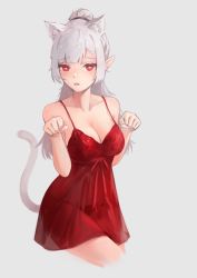 Rule 34 | 1girl, absurdres, animal ears, bare arms, bare shoulders, breasts, cat ears, cat girl, cat tail, cleavage, collarbone, cowboy shot, cropped legs, dress, grey background, high ponytail, highres, lingerie, long hair, looking at viewer, medium breasts, negligee, original, panties, pointy ears, red dress, red eyes, see-through, short dress, silver hair, simple background, sleeveless, sleeveless dress, solo, spaghetti strap, symbol-shaped pupils, tail, underwear, yinghuahua