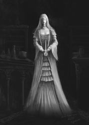 Rule 34 | 1girl, blindfold, bloodborne, breasts, character request, cleavage, closed mouth, dress, facing viewer, full body, greyscale, highres, holding, holding knife, holding weapon, indoors, knife, layered dress, long hair, long sleeves, medium breasts, monochrome, shelf, solo, table, tripdancer, weapon