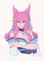 1girl ahri_(league_of_legends) animal_ear_fluff animal_ears aqua_ribbon artist_name bare_shoulders bell blue_choker blue_eyes breasts choker cleavage cropped_torso curly_hair dress fox_ears fox_girl hair_bell hair_between_eyes hair_ornament hair_ribbon highres kitsune kyuubi large_breasts league_of_legends multiple_tails nail_polish off-shoulder_dress off_shoulder pink_hair pink_nails ribbon sidelocks simple_background smile solo tail vanekairi wide_sleeves