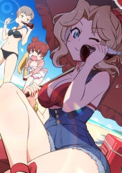 alisa_(girls_und_panzer) beach bikini bikini_skirt black_bikini blonde_hair blue_eyes blue_shorts blush breasts brown_hair cleavage closed_mouth cola drinking ehirorotoon girls_und_panzer hair_ornament highres kay_(girls_und_panzer) large_breasts looking_at_viewer naomi_(girls_und_panzer) navel one_eye_closed open_mouth outdoors red_bikini short_hair shorts sky small_breasts smile star_(symbol) star_hair_ornament swimsuit white_bikini