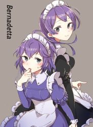 Rule 34 | 2girls, bernadetta von varley, character name, closed mouth, dual persona, fire emblem, fire emblem: three houses, grey background, grey eyes, long sleeves, looking back, maid, maid headdress, multiple girls, nintendo, open mouth, purple hair, short hair, simple background, smile, tori55nigen, twitter username