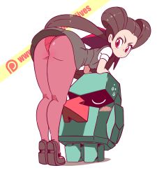 Rule 34 | 1girl, animated, animated gif, arm support, artist name, ass, ass shake, bad id, bad tumblr id, bent over, black dress, black footwear, blush, breasts, brown hair, creatures (company), diives, dress, from behind, full body, game freak, gen 3 pokemon, gym leader, hair ornament, hair rings, long hair, looking back, looking to the side, nintendo, nosepass, panties, panties under pantyhose, pantyhose, patreon logo, pokemon, pokemon (creature), pokemon oras, red eyes, red panties, red pantyhose, roxanne (pokemon), shirt, shoes, short sleeves, simple background, small breasts, standing, sweat, text focus, thighs, twerking, twintails, underwear, upskirt, watermark, web address, white background, white shirt