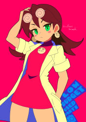 Rule 34 | 1girl, arm up, blush, blush stickers, breasts, brown hair, closed mouth, coke-bottle glasses, deviantart sample, dress, earrings, english text, eyewear on head, glasses, green eyes, hand in pocket, highres, image sample, jewelry, lab coat, looking at viewer, medium hair, mega man (series), mega man legends (series), pink background, pink dress, round eyewear, skull earrings, small breasts, solo, standing, thighs, tron bonne (mega man), yodok