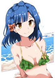 Rule 34 | 1girl, arms behind back, beach, bikini, blue hair, bow, braid, breasts, character name, collarbone, commentary request, frilled bikini, frills, green bikini, hair bow, idolmaster, idolmaster million live!, light blush, looking at viewer, medium hair, nanao yuriko, navel, ocean, red bow, small breasts, smile, solo, stomach, swimsuit, train 90, upper body, white background, yellow eyes