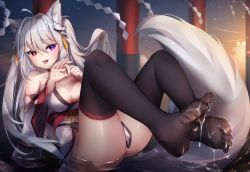 Rule 34 | 1girl, :3, ahoge, animal ear fluff, animal ears, bare shoulders, black thighhighs, blue sky, blush, breasts, choker, cleavage, cloud, collarbone, cum, cum on body, cum on clothes, cum on feet, fang, feet, female focus, fox ears, fox girl, fox tail, full body, gradient sky, grey hair, hair between eyes, hair intakes, hair ornament, hands up, happy, heart, heart-shaped pupils, heterochromia, highres, indie virtual youtuber, japanese clothes, kimono, leaning back, legs up, long hair, medium breasts, no panties, obi, off shoulder, official art, open mouth, outdoors, own hands together, penetration gesture, purple eyes, red choker, red eyes, sash, shide, shiny skin, short kimono, shrine, sidelocks, sitting, skin fang, sky, smile, solo, sunset, symbol-shaped pupils, tail, thighhighs, thighs, tongue, tongue out, umou (may65879), virtual youtuber, water, white kimono, ye qing (vtuber)