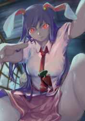 Rule 34 | 2girls, animal ears, arm up, bare legs, buttons, carrot, carrot necklace, collared shirt, commentary request, eyes visible through hair, fingernails, fisheye, glowing, glowing eyes, hand up, highres, inaba tewi, indoors, jewelry, knee up, l!bra, lips, long hair, looking at viewer, miniskirt, multiple girls, necklace, necktie, outstretched arm, parted lips, pink shirt, purple hair, rabbit ears, rabbit tail, reaching, reaching towards viewer, red eyes, red neckwear, reisen udongein inaba, shirt, short sleeves, silhouette, sitting, skirt, smile, solo focus, spread legs, tail, touhou, very long hair, wing collar