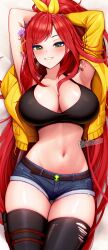 Rule 34 | 1girl, absurdres, armpits, arms behind head, arms up, bare shoulders, belt, biting own lip, black shirt, black thighhighs, blue shorts, breasts, cleavage, clickdraws, collarbone, crop top, cropped jacket, cutoffs, denim, denim shorts, elly (vtuber), green eyes, grin, hair ribbon, halterneck, highres, indie virtual youtuber, jacket, large breasts, long hair, long sleeves, looking at viewer, micro shorts, midriff, navel, no bra, open clothes, open jacket, ponytail, red hair, ribbon, shirt, short shorts, shorts, shoulder tattoo, skindentation, sleeveless, sleeveless shirt, smile, solo, stomach, tattoo, thigh gap, thigh strap, thighhighs, thighs, torn clothes, torn thighhighs, very long hair, virtual youtuber, yellow jacket