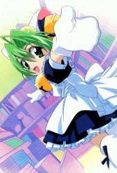 Rule 34 | 1girl, :d, ahoge, animal ears, bell, book, book stack, bookshelf, bow, dejiko, di gi charat, dutch angle, fang, frills, green eyes, green hair, hair between eyes, jingle bell, looking back, maid, mittens, open mouth, outstretched arms, reaching, reaching towards viewer, short sleeves, smile, solo, spread arms, statue, white bow, white legwear, white mittens