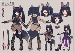 Rule 34 | animal ear fluff, animal ears, arm strap, armor, belt, black hair, boots, bracelet, brown background, cape, character sheet, collared shirt, commentary, commission, dress, earphones, english commentary, expressions, flat color, flower, fox ears, fox girl, fox tail, fur cape, gloves, headband, highres, hologram, holster, jewelry, k-rha&#039;s, knees, legs, mikan (rayer), original, panties, panty peek, pouch, princess, red eyes, ribbon, rose, science fiction, see-through, sheath, shirt, simple background, skirt, slit pupils, surprised, sweatdrop, sword, tail, thigh strap, thighhighs, tiara, toe cleavage, transparent footwear, twintails, underwear, weapon
