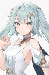 Rule 34 | 1girl, :/, absurdres, bare shoulders, blue nails, choker, cross hair ornament, expressionless, faruzan (genshin impact), genshin impact, gold choker, gold trim, green eyes, green hair, hair ornament, hand up, highres, irain ( irain ), long hair, looking at viewer, short sleeves, sidelocks, simple background, solo, tank top, upper body, white background, white choker, white tank top