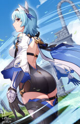 Rule 34 | 1girl, absurdres, artist name, ass, back, backless outfit, bare back, black gloves, black hairband, blue cape, blue gloves, blue hair, blue sky, boots, cape, chest harness, chiyo akira, clothing cutout, cloud, cowboy shot, dated, eula (genshin impact), falling leaves, from behind, from below, genshin impact, gloves, glowing, grass, hair between eyes, hair ornament, hairband, harness, high-waist shorts, highres, leaf, looking back, median furrow, medium hair, outdoors, outstretched arms, ruins, shorts, shoulder cutout, sidelocks, skindentation, sky, smile, solo, thigh boots, thighs, two-tone gloves, wide sleeves, wind, yellow eyes