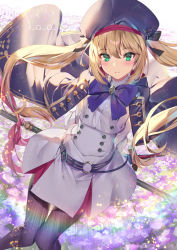 Rule 34 | 1girl, artoria caster (fate), artoria caster (second ascension) (fate), artoria pendragon (fate), belt, belt buckle, blonde hair, blush, bow, bowtie, buckle, commentary request, copyright name, fate/grand order, fate (series), green eyes, hair between eyes, hat, holding, holding staff, long hair, looking at viewer, pantyhose, sheath, sheathed, skirt, smile, solo, staff, sword, twintails, weapon, yoshimoto (dear life)