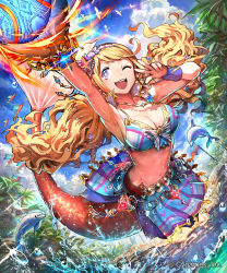 Rule 34 | + +, 10s, 1girl, ;d, armpits, bikini, bird, blonde hair, breasts, cloud, company name, day, dolphin, earrings, fish, full body, gem, giselle (shingeki no bahamut), hairband, highres, jewelry, large breasts, long hair, mermaid, monster girl, navel, necklace, official art, okada manabi, one eye closed, open mouth, outdoors, outstretched arm, purple eyes, shingeki no bahamut, smile, solo, sparkle, star (symbol), star necklace, swimsuit, tree, very long hair, w, water, water drop, watermark