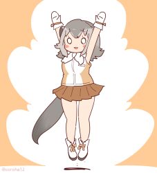 Rule 34 | 1girl, animal ears, bare shoulders, blush, bow, coroha, cosplay, dhole (kemono friends), dhole (kemono friends) (cosplay), extra ears, glasses, gloves, grey hair, jumping, kemono friends, kemono friends 3, meerkat (kemono friends), meerkat ears, meerkat tail, multicolored hair, open mouth, shirt, short hair, skirt, sleeveless, smile, solo, tail, two-tone hair