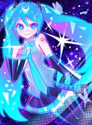 1girl bare_shoulders black_skirt blue_eyes blush closed_mouth commentary detached_sleeves grey_shirt hatsune_miku highres iro_(mywife_sunny) long_hair nail_polish planet shirt skirt smile solo space star_(sky) star_(symbol) twintails very_long_hair vocaloid