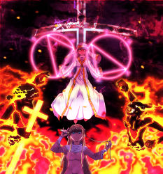 Rule 34 | 2girls, 2others, absurdres, arm up, arms up, blonde hair, blue eyes, breasts, closed mouth, cross, energy, expressionless, fantasy, fire, gazing eye, glowing, glowing eyes, glowing mouth, highres, holding, holding cross, index (toaru majutsu no index), innocentius, laura stuart, long hair, looking at viewer, magic, magic circle, medium breasts, monster, multiple girls, multiple others, nun, open mouth, pyrokinesis, robe, safety pin, sharp teeth, smile, teeth, toaru majutsu no index, toaru majutsu no index: old testament, white robe